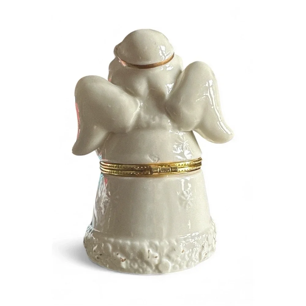 Angel Trinket Box Jar Porcelain Ivory Color‎ with Gold Trim Hinged Opening - Picture 3 of 4